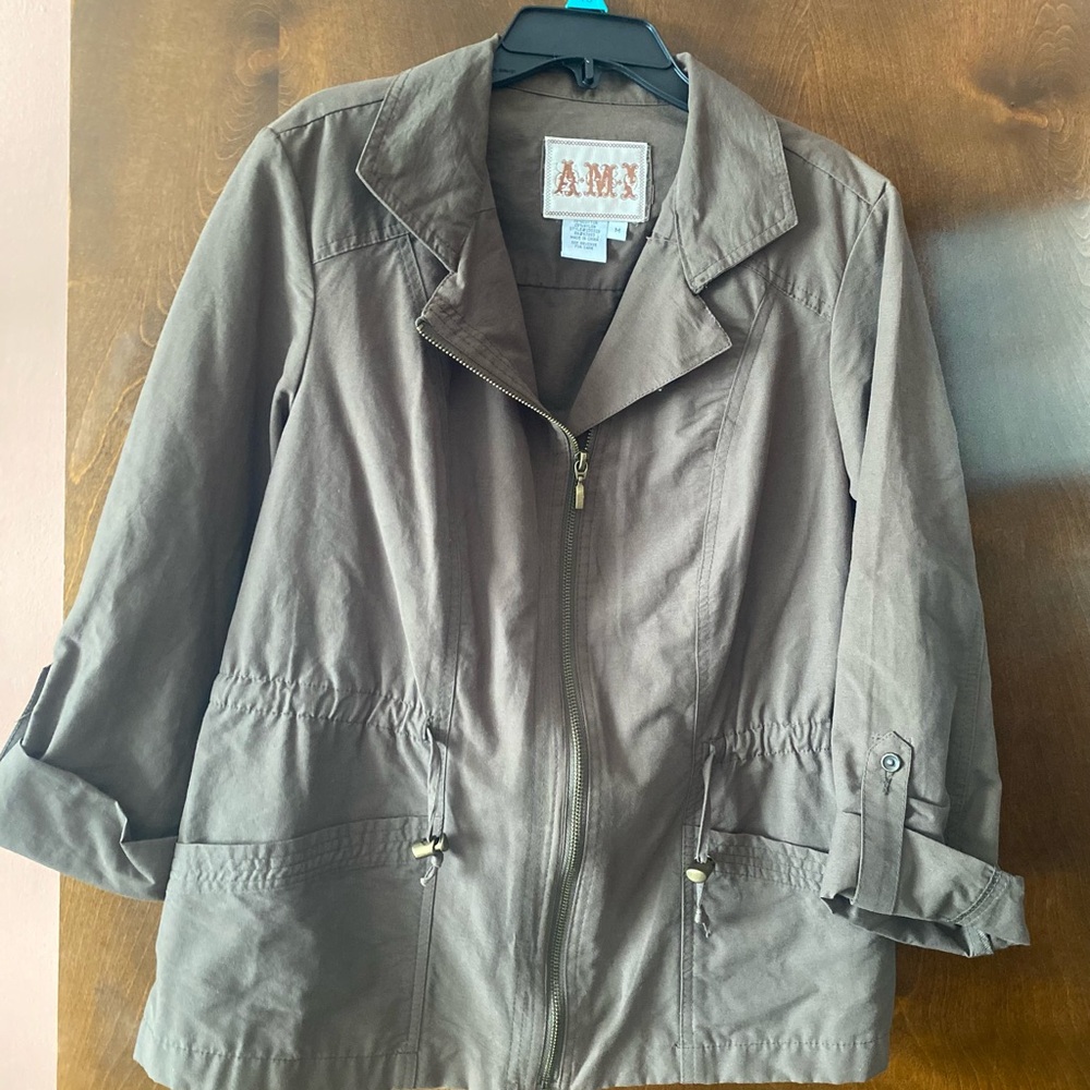 AMI Casual Military Style Utility Jacket with Drawstring Waist Zip Front Medium